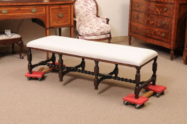 Upholstered Oak Carved Bench with Barley Twist Detail - Image 7