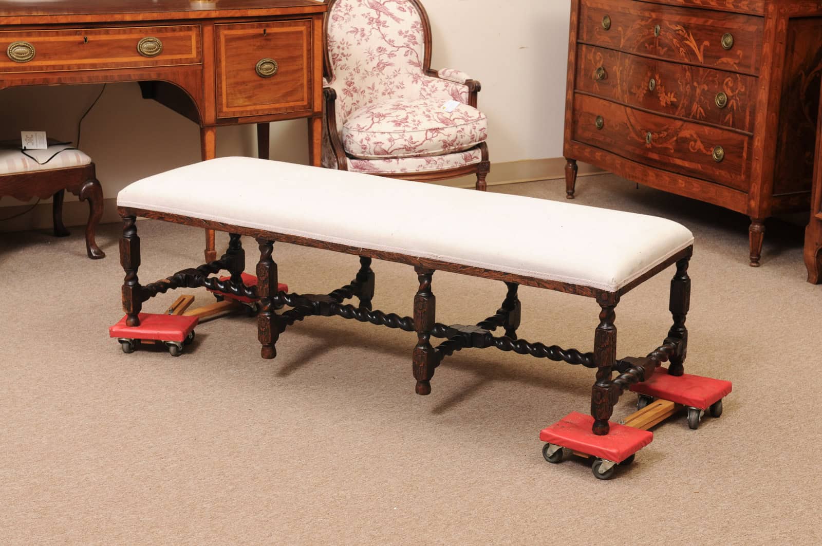 Upholstered Oak Carved Bench with Barley Twist Detail - Image 7