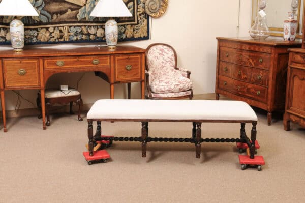 Upholstered Oak Carved Bench with Barley Twist Detail - Image 8
