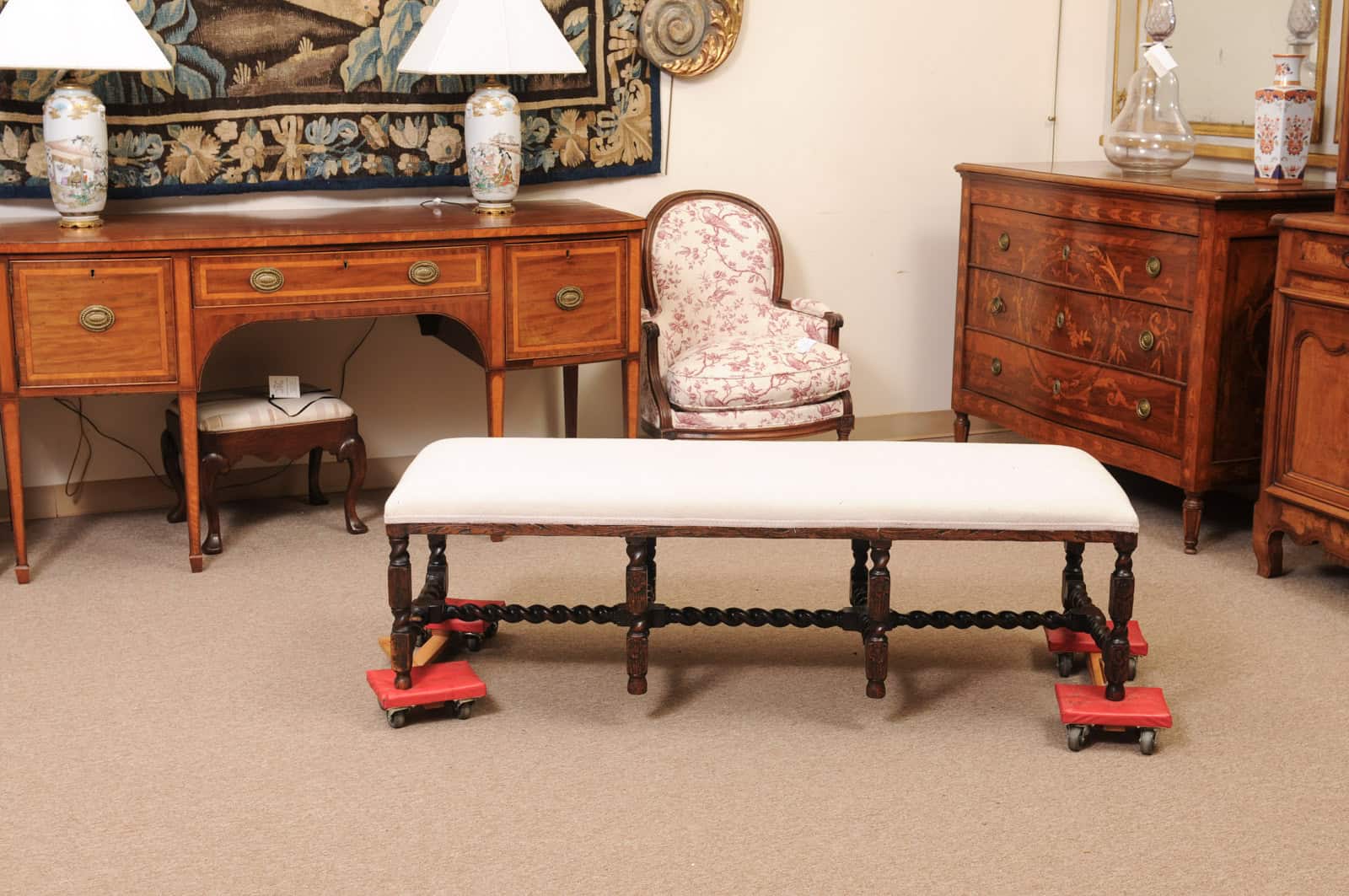 Upholstered Oak Carved Bench with Barley Twist Detail - Image 8