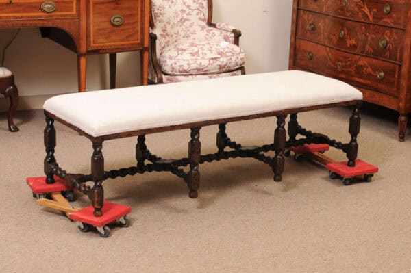 Upholstered Oak Carved Bench with Barley Twist Detail - Image 9