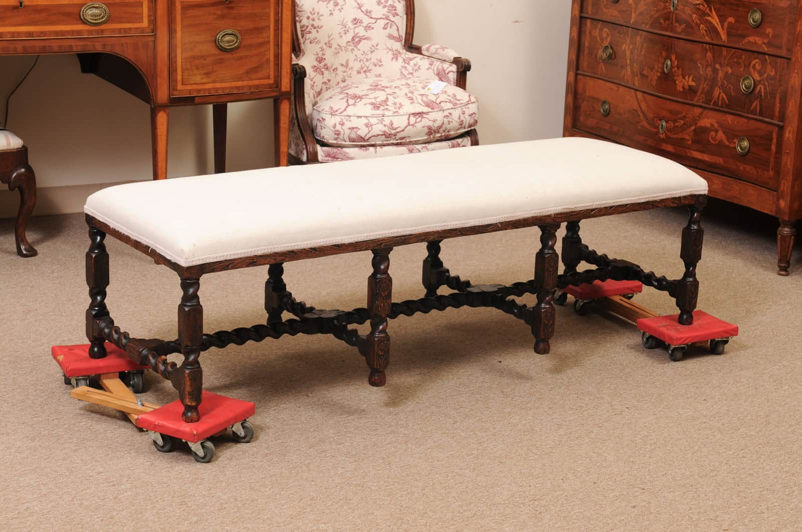Upholstered Oak Carved Bench with Barley Twist Detail - Image 9