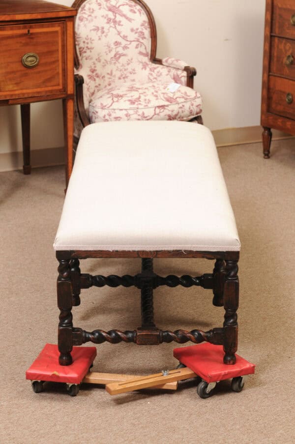 Upholstered Oak Carved Bench with Barley Twist Detail - Image 10