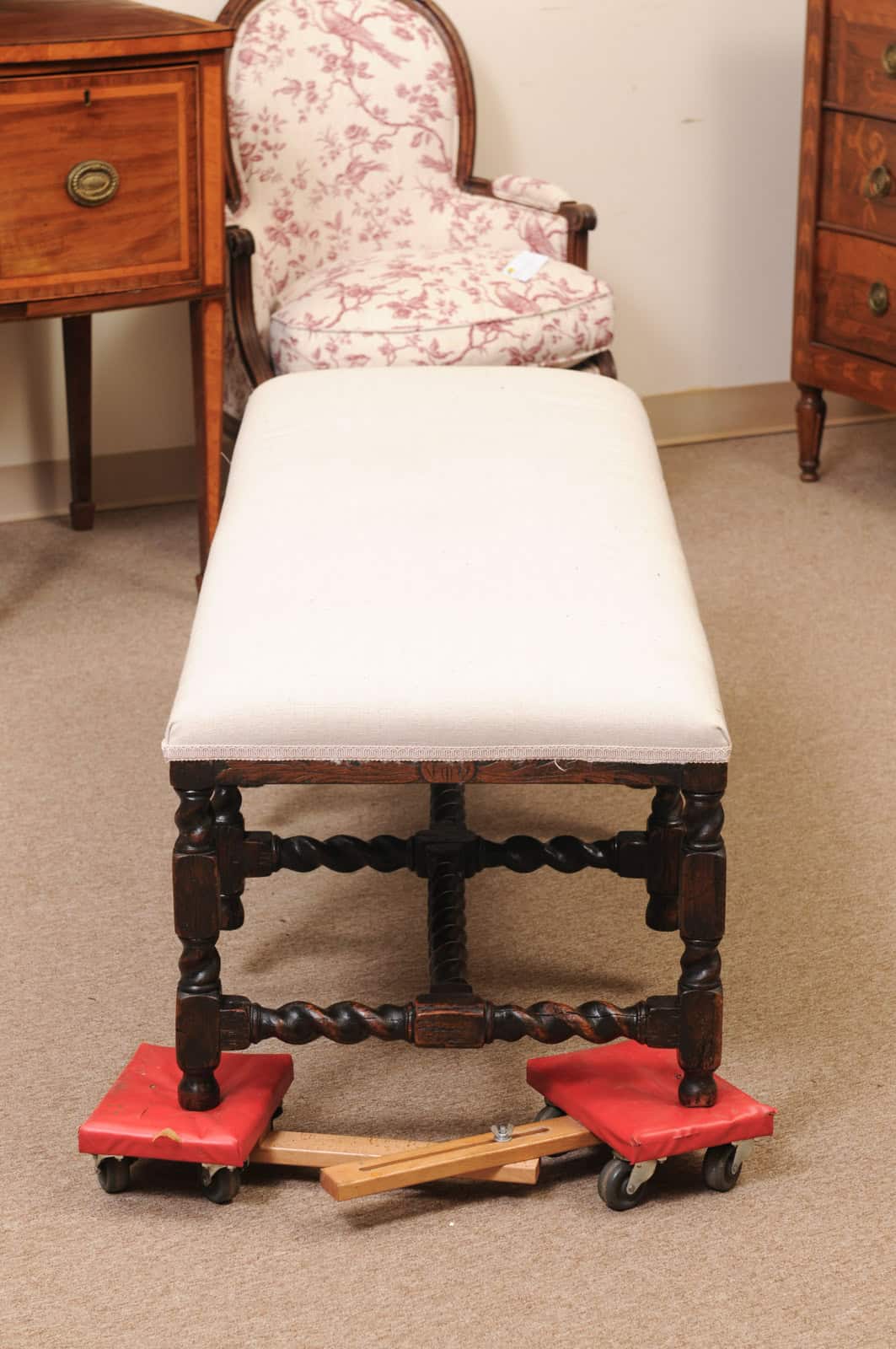 Upholstered Oak Carved Bench with Barley Twist Detail - Image 10