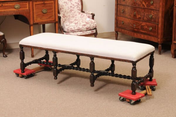 Upholstered Oak Carved Bench with Barley Twist Detail - Image 11