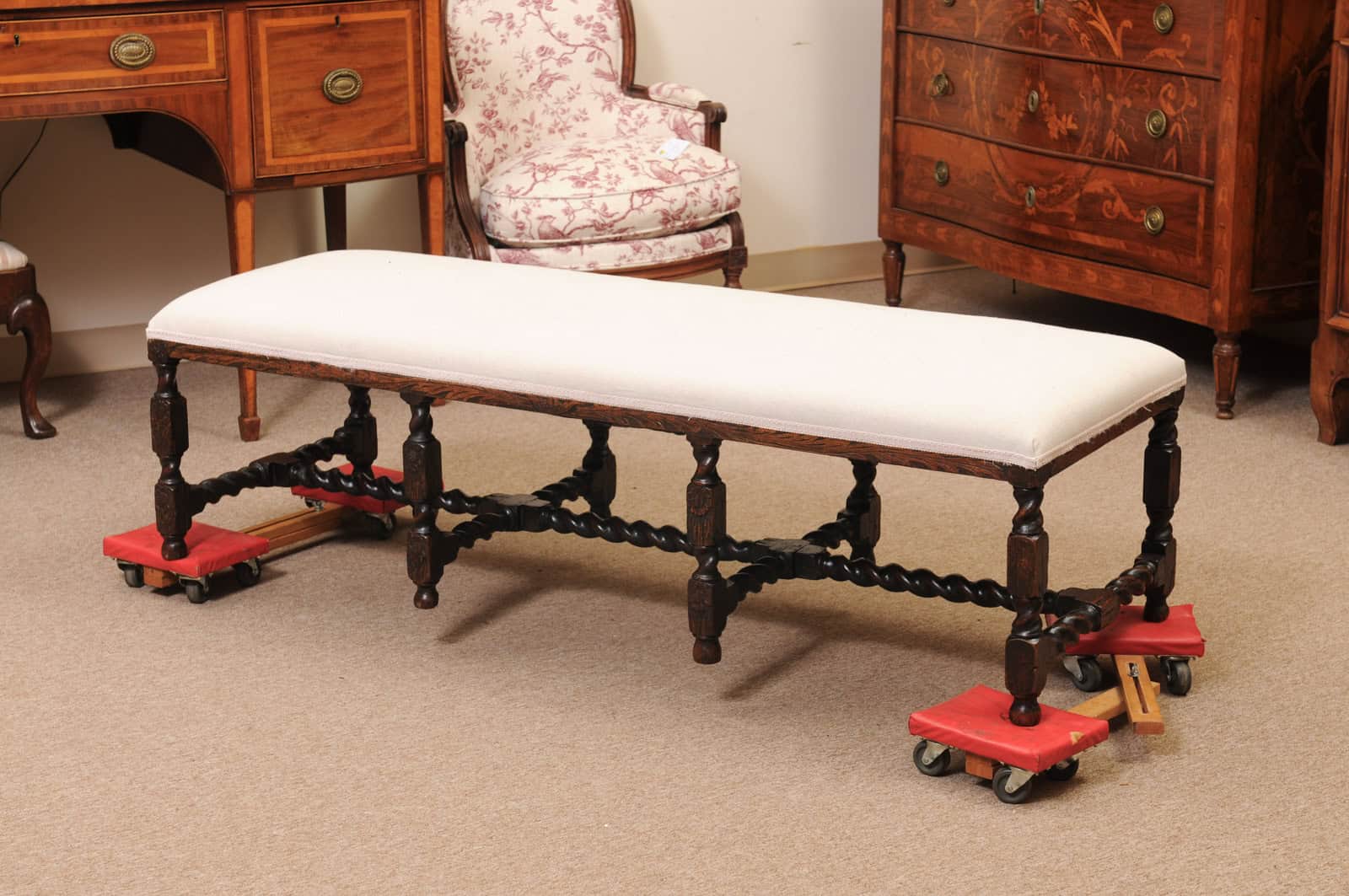 Upholstered Oak Carved Bench with Barley Twist Detail - Image 11
