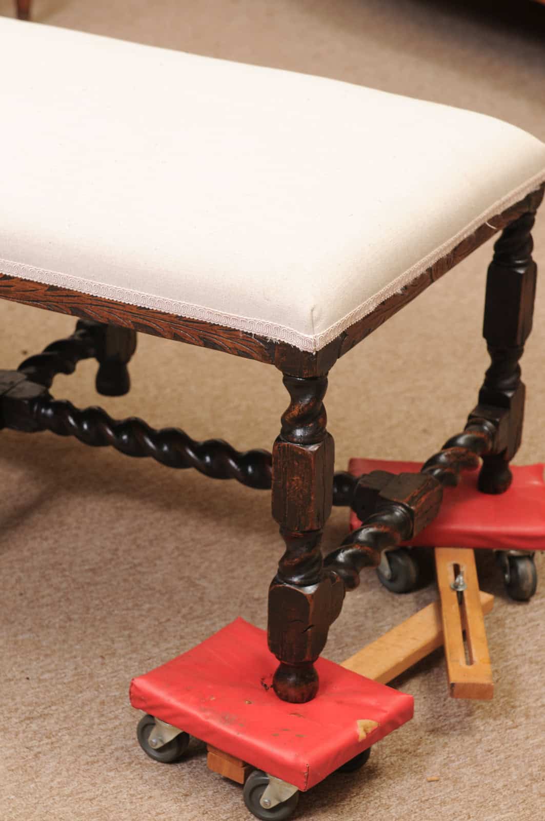 Upholstered Oak Carved Bench with Barley Twist Detail - Image 12