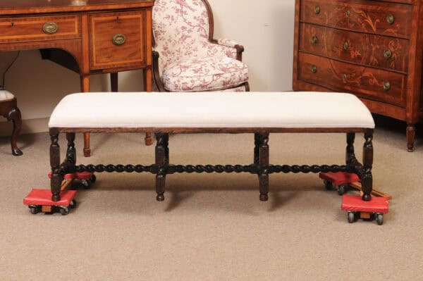 Upholstered Oak Carved Bench with Barley Twist Detail - Image 13