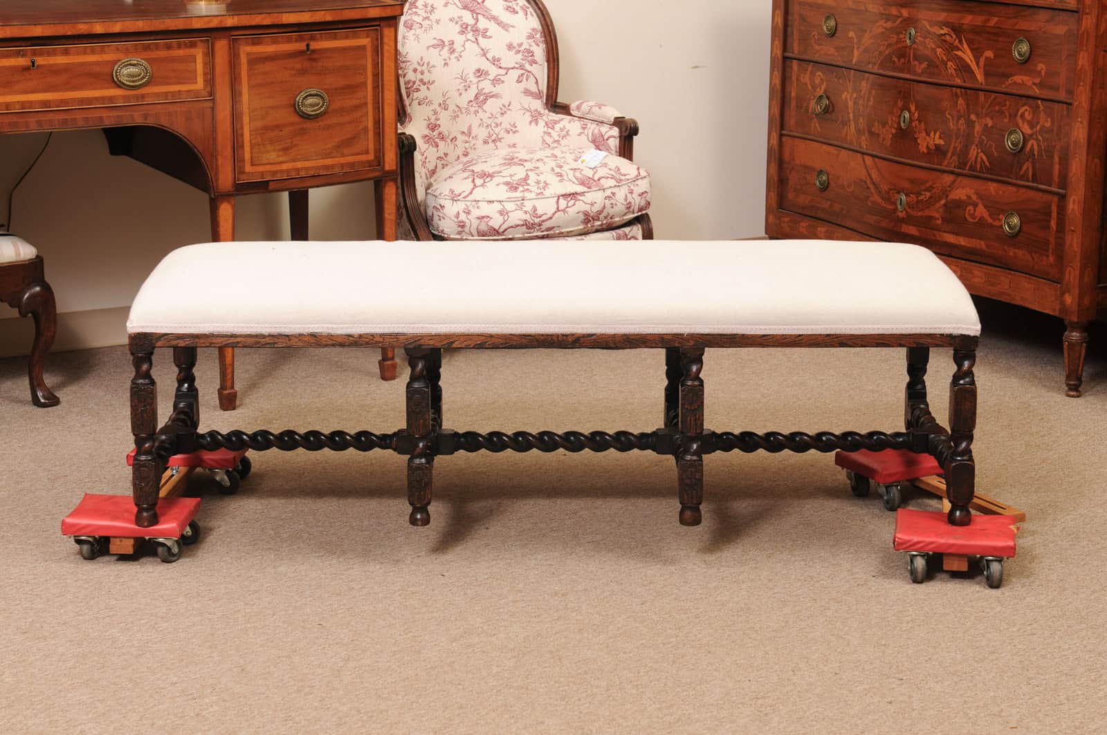 Upholstered Oak Carved Bench with Barley Twist Detail - Image 13