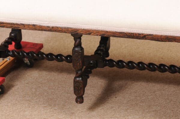 Upholstered Oak Carved Bench with Barley Twist Detail - Image 14