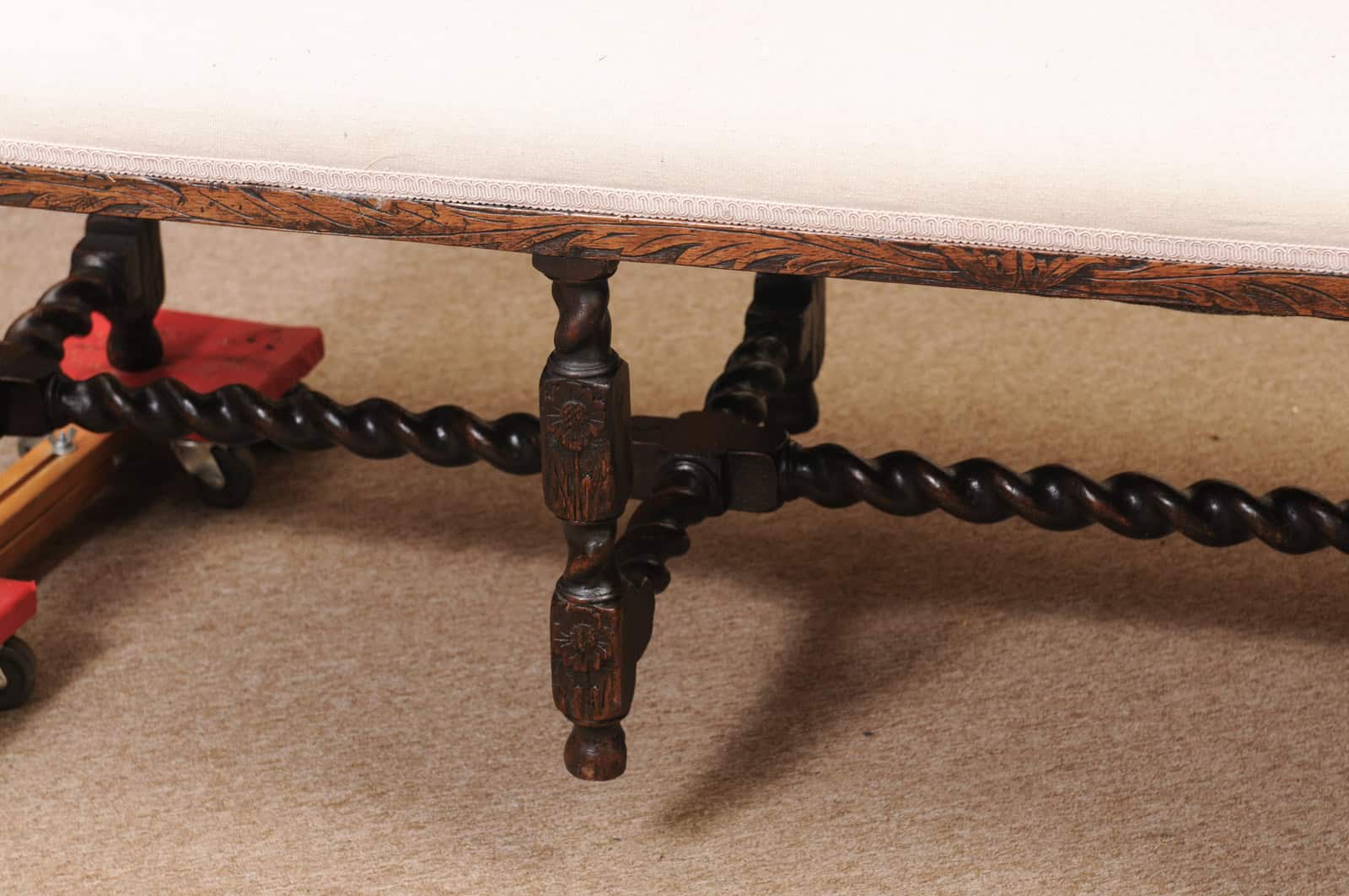 Upholstered Oak Carved Bench with Barley Twist Detail - Image 14