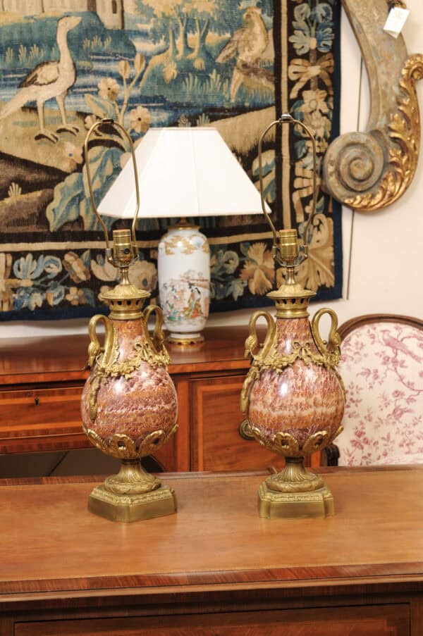 Pair of Louis XVI Style Pink Marble Urns / Cassoulettes with Bronze Dore Mounts, 19th Century - Image 3