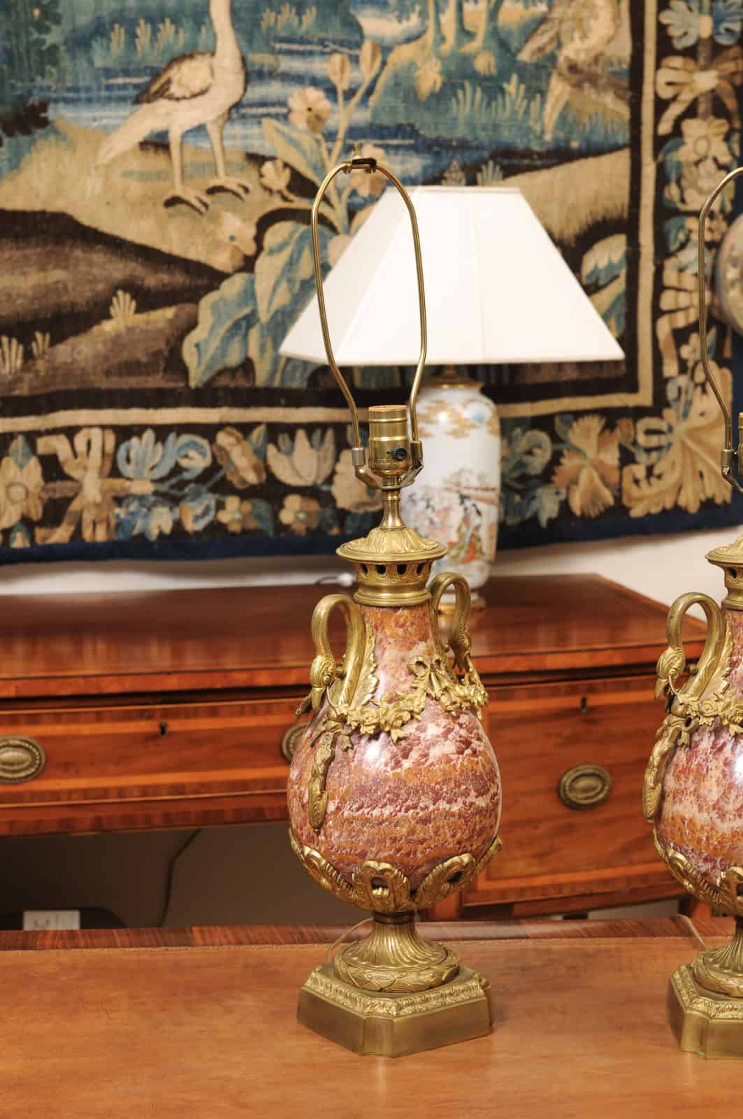 Pair of Louis XVI Style Pink Marble Urns / Cassoulettes with Bronze Dore Mounts, 19th Century - Image 4