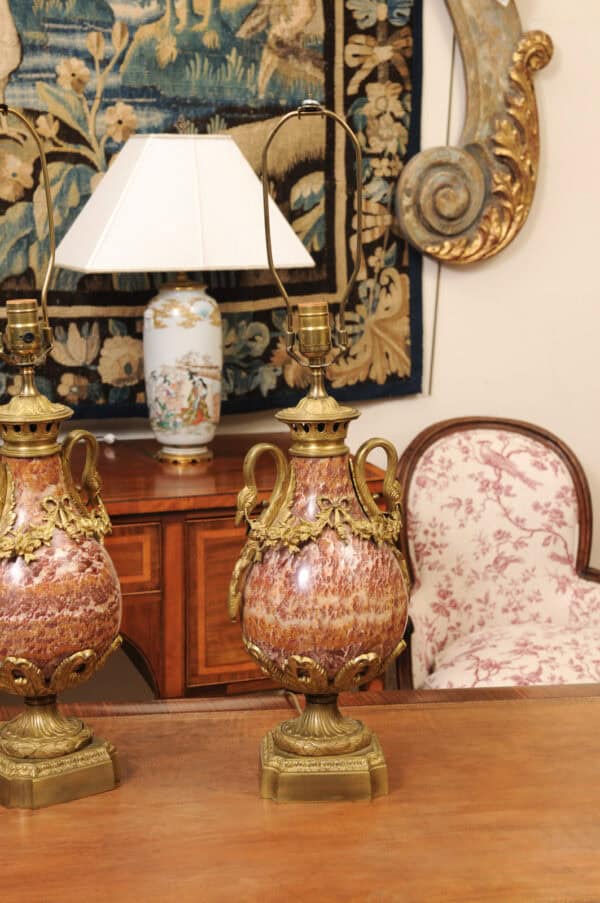 Pair of Louis XVI Style Pink Marble Urns / Cassoulettes with Bronze Dore Mounts, 19th Century - Image 5