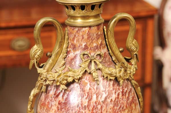 Pair of Louis XVI Style Pink Marble Urns / Cassoulettes with Bronze Dore Mounts, 19th Century - Image 6