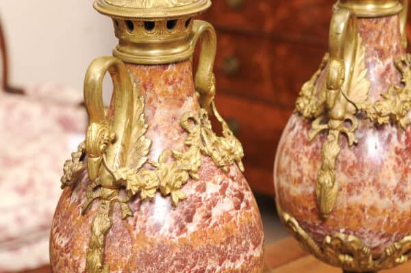 Pair of Louis XVI Style Pink Marble Urns / Cassoulettes with Bronze Dore Mounts, 19th Century - Image 13