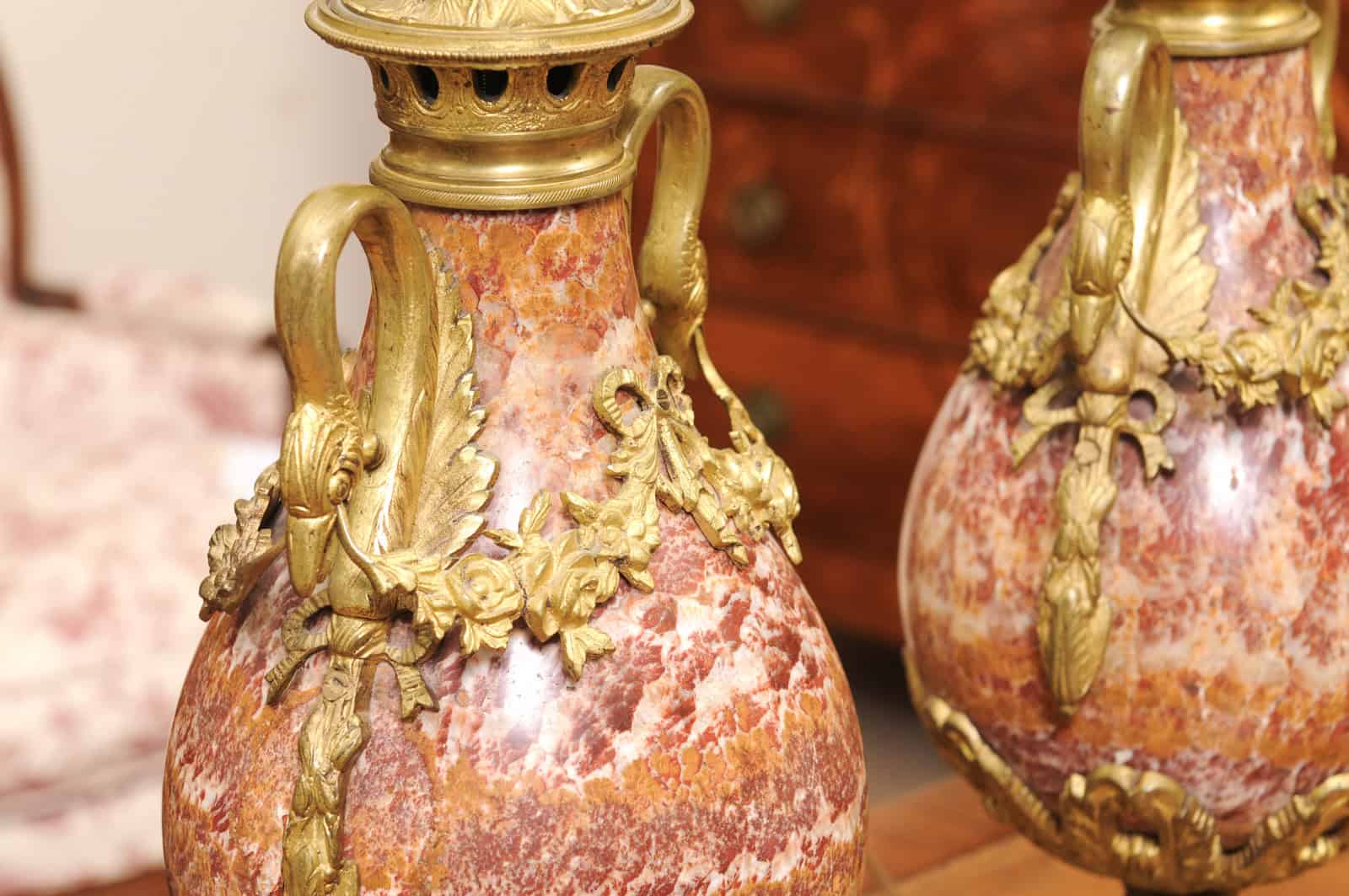 Pair of Louis XVI Style Pink Marble Urns / Cassoulettes with Bronze Dore Mounts, 19th Century - Image 13