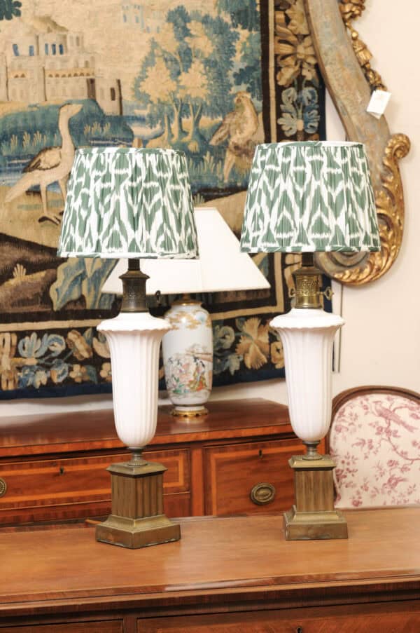 Pair of Vintage Neoclassical Urn Form White Ceramic Lamps with Gilt Metal Fluted Rectangular Bases and Green Shades - Image 3