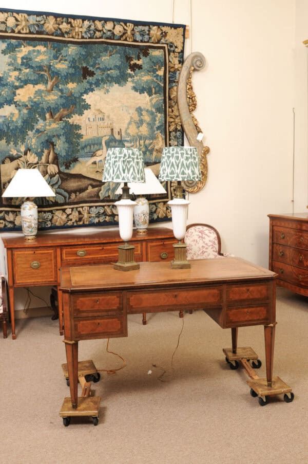 Pair of Vintage Neoclassical Urn Form White Ceramic Lamps with Gilt Metal Fluted Rectangular Bases and Green Shades - Image 4