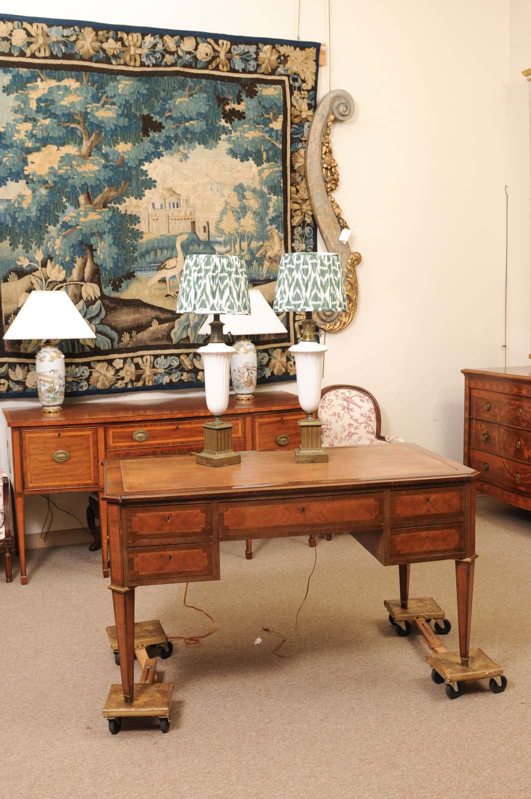 Pair of Vintage Neoclassical Urn Form White Ceramic Lamps with Gilt Metal Fluted Rectangular Bases and Green Shades - Image 4