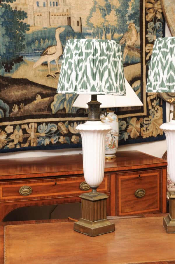 Pair of Vintage Neoclassical Urn Form White Ceramic Lamps with Gilt Metal Fluted Rectangular Bases and Green Shades - Image 5