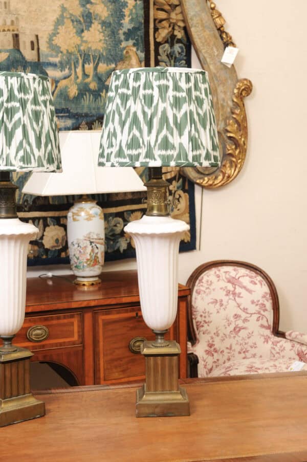 Pair of Vintage Neoclassical Urn Form White Ceramic Lamps with Gilt Metal Fluted Rectangular Bases and Green Shades - Image 6