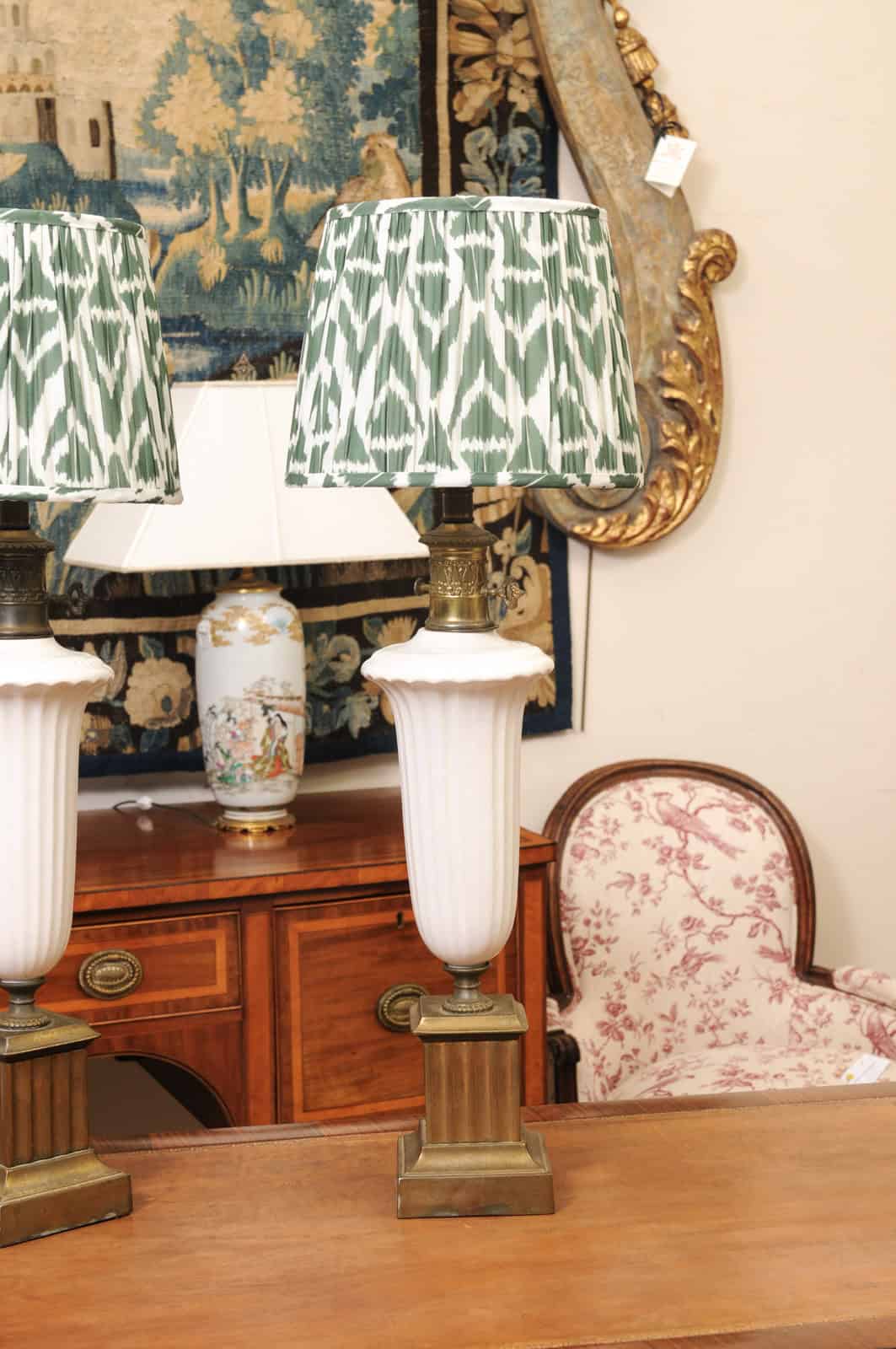 Pair of Vintage Neoclassical Urn Form White Ceramic Lamps with Gilt Metal Fluted Rectangular Bases and Green Shades - Image 6