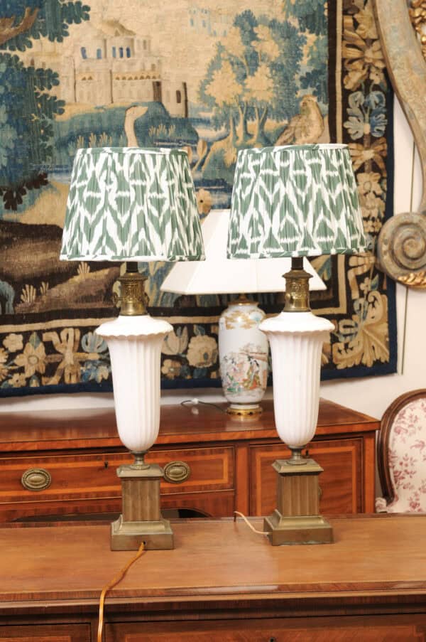 Pair of Vintage Neoclassical Urn Form White Ceramic Lamps with Gilt Metal Fluted Rectangular Bases and Green Shades - Image 8