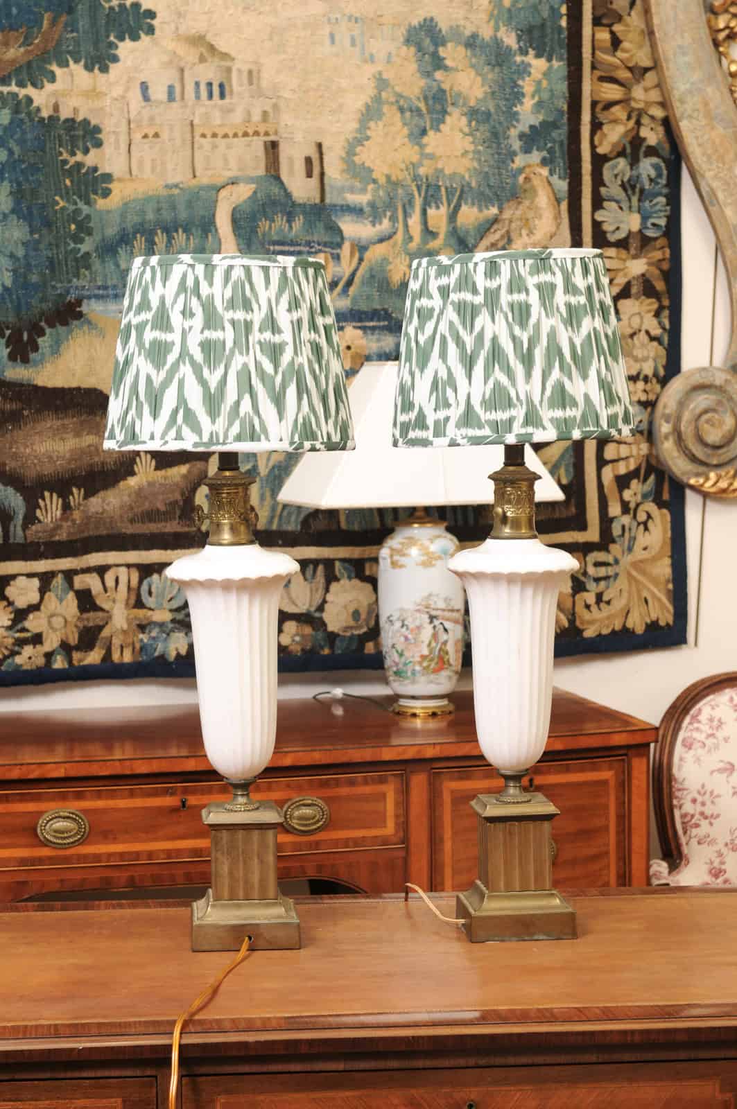 Pair of Vintage Neoclassical Urn Form White Ceramic Lamps with Gilt Metal Fluted Rectangular Bases and Green Shades - Image 8