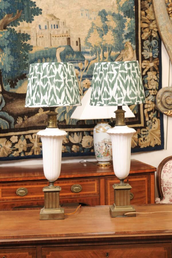Pair of Vintage Neoclassical Urn Form White Ceramic Lamps with Gilt Metal Fluted Rectangular Bases and Green Shades - Image 9