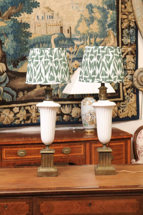 Pair of Vintage Neoclassical Urn Form White Ceramic Lamps with Gilt Metal Fluted Rectangular Bases and Green Shades - Image 10