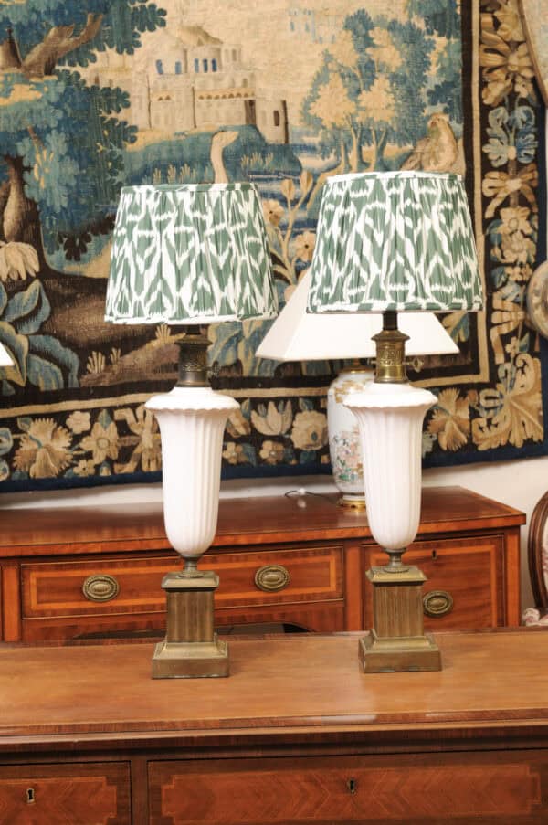 Pair of Vintage Neoclassical Urn Form White Ceramic Lamps with Gilt Metal Fluted Rectangular Bases and Green Shades - Image 11