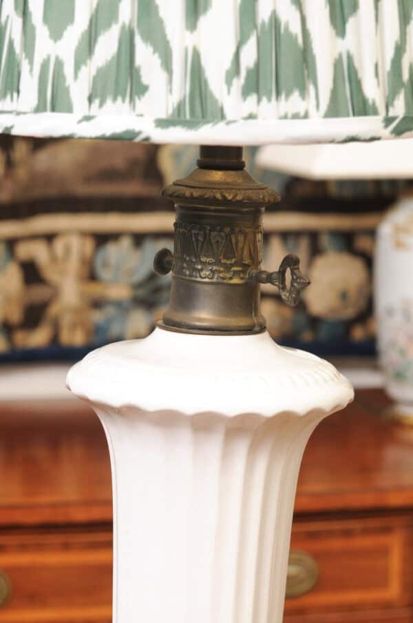 Pair of Vintage Neoclassical Urn Form White Ceramic Lamps with Gilt Metal Fluted Rectangular Bases and Green Shades - Image 12