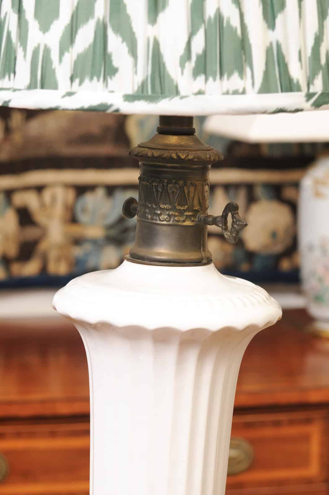 Pair of Vintage Neoclassical Urn Form White Ceramic Lamps with Gilt Metal Fluted Rectangular Bases and Green Shades - Image 12