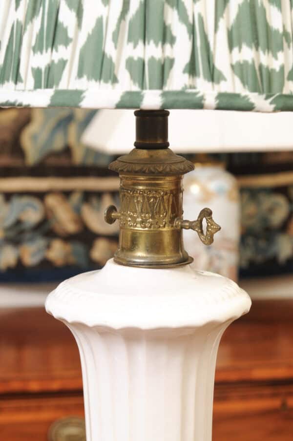 Pair of Vintage Neoclassical Urn Form White Ceramic Lamps with Gilt Metal Fluted Rectangular Bases and Green Shades - Image 13