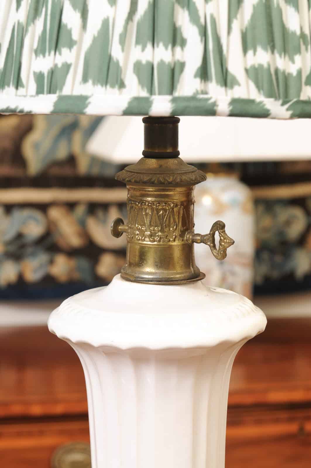 Pair of Vintage Neoclassical Urn Form White Ceramic Lamps with Gilt Metal Fluted Rectangular Bases and Green Shades - Image 13