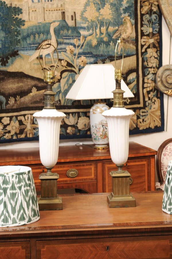 Pair of Vintage Neoclassical Urn Form White Ceramic Lamps with Gilt Metal Fluted Rectangular Bases and Green Shades - Image 14