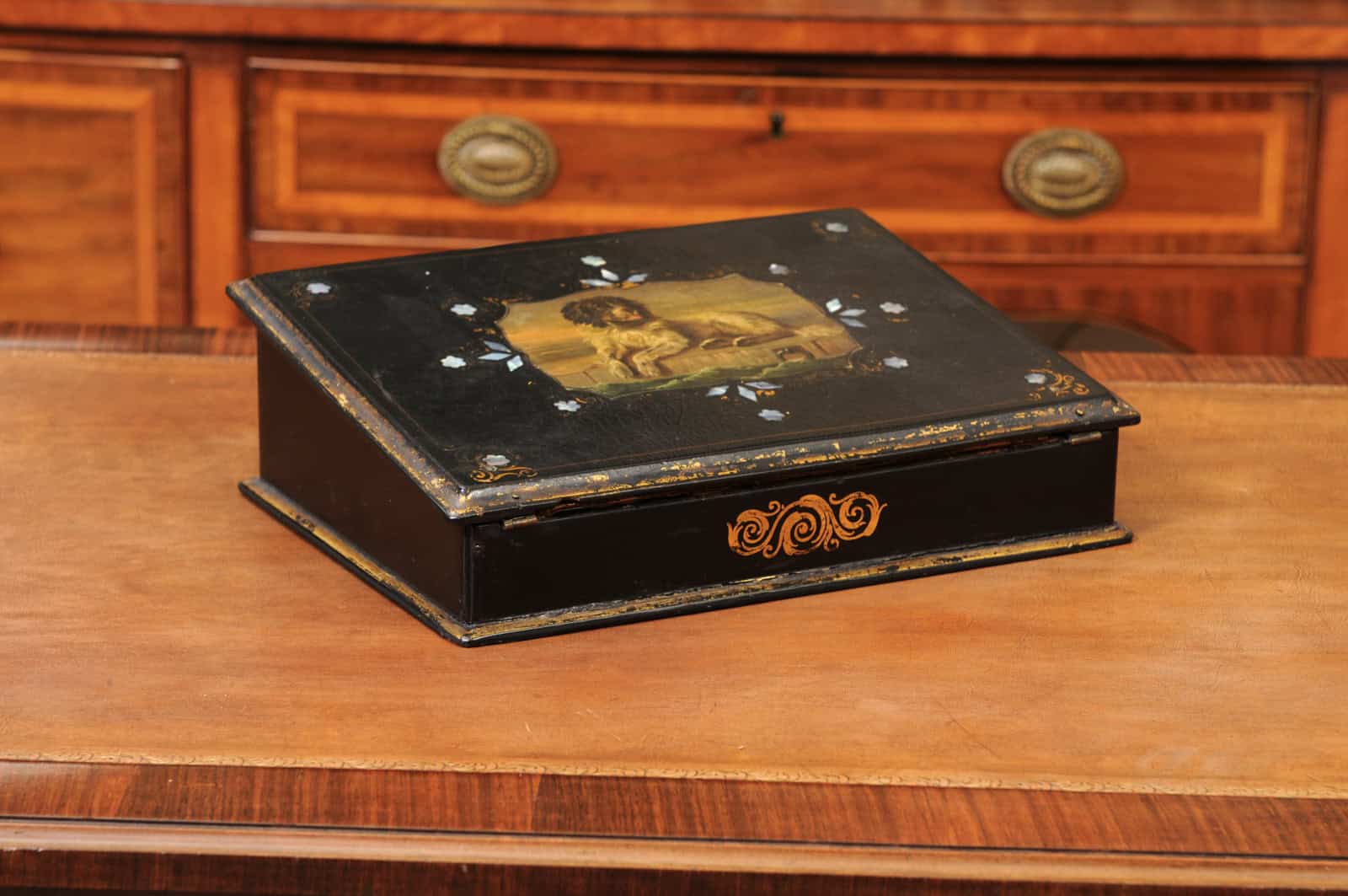 Paper Mache Black Painted Lapdesk with Dog scene and Mother of Pear Detail - Image 3