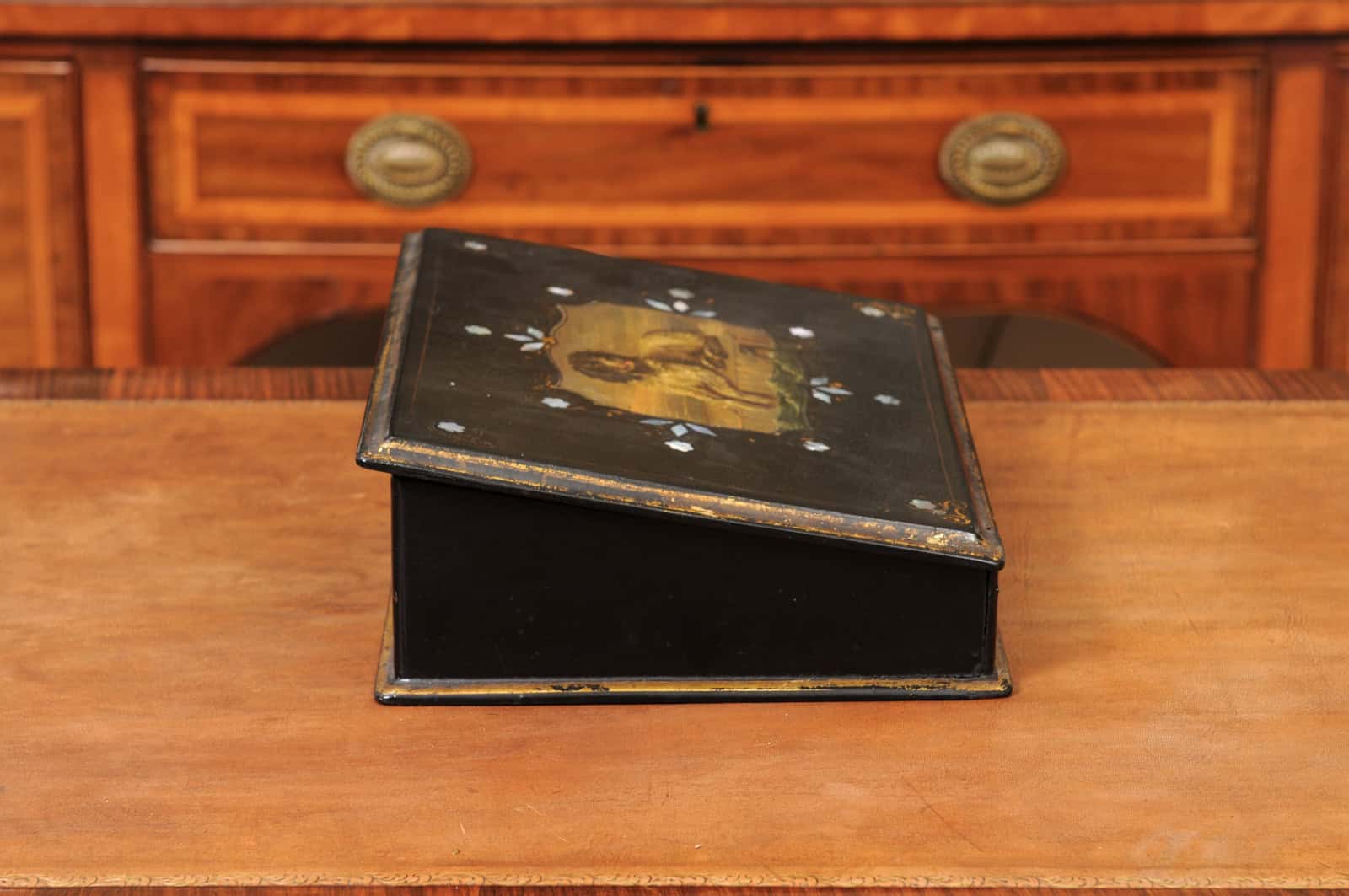 Paper Mache Black Painted Lapdesk with Dog scene and Mother of Pear Detail - Image 7