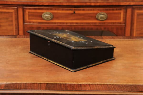 Paper Mache Black Painted Lapdesk with Dog scene and Mother of Pear Detail - Image 8