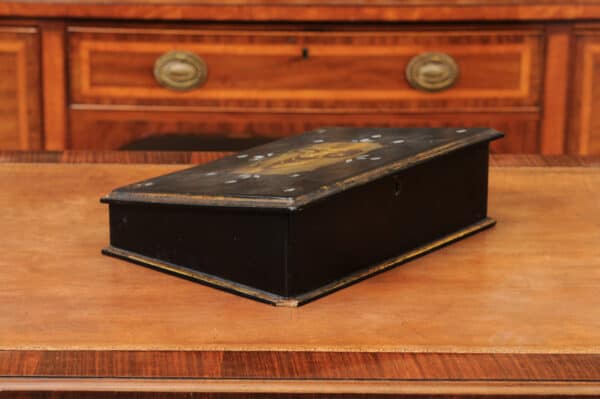 Paper Mache Black Painted Lapdesk with Dog scene and Mother of Pear Detail - Image 10