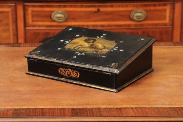 Paper Mache Black Painted Lapdesk with Dog scene and Mother of Pear Detail - Image 12