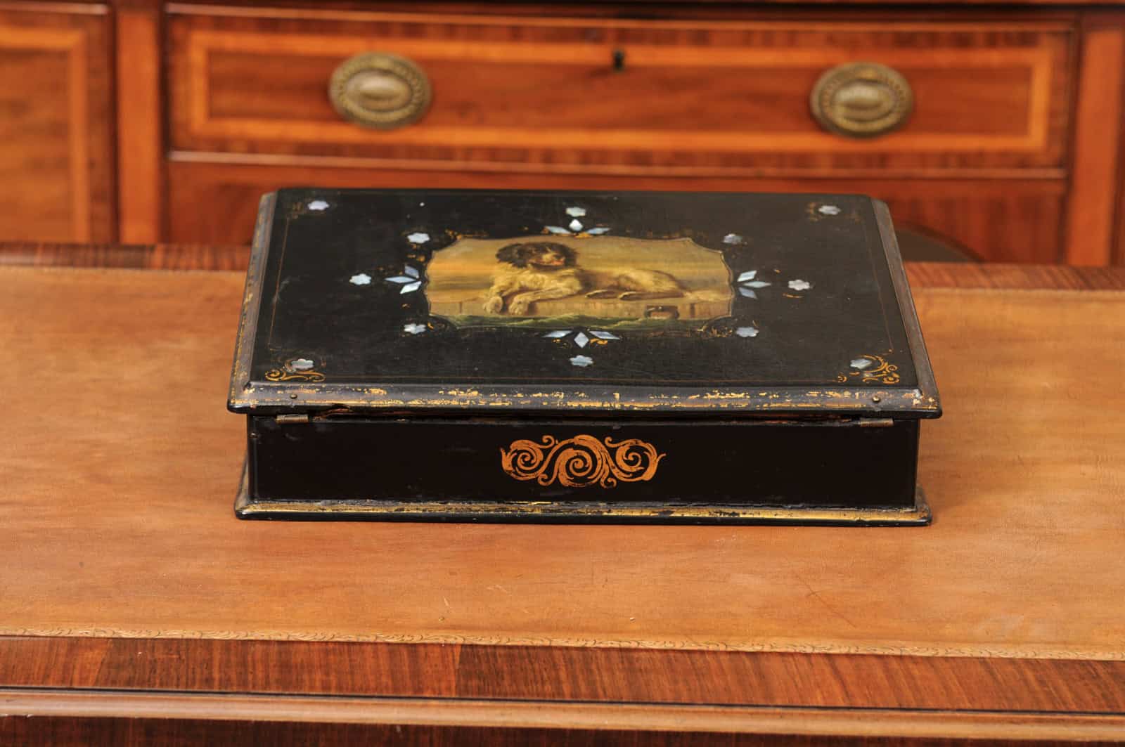 Paper Mache Black Painted Lapdesk with Dog scene and Mother of Pear Detail - Image 13