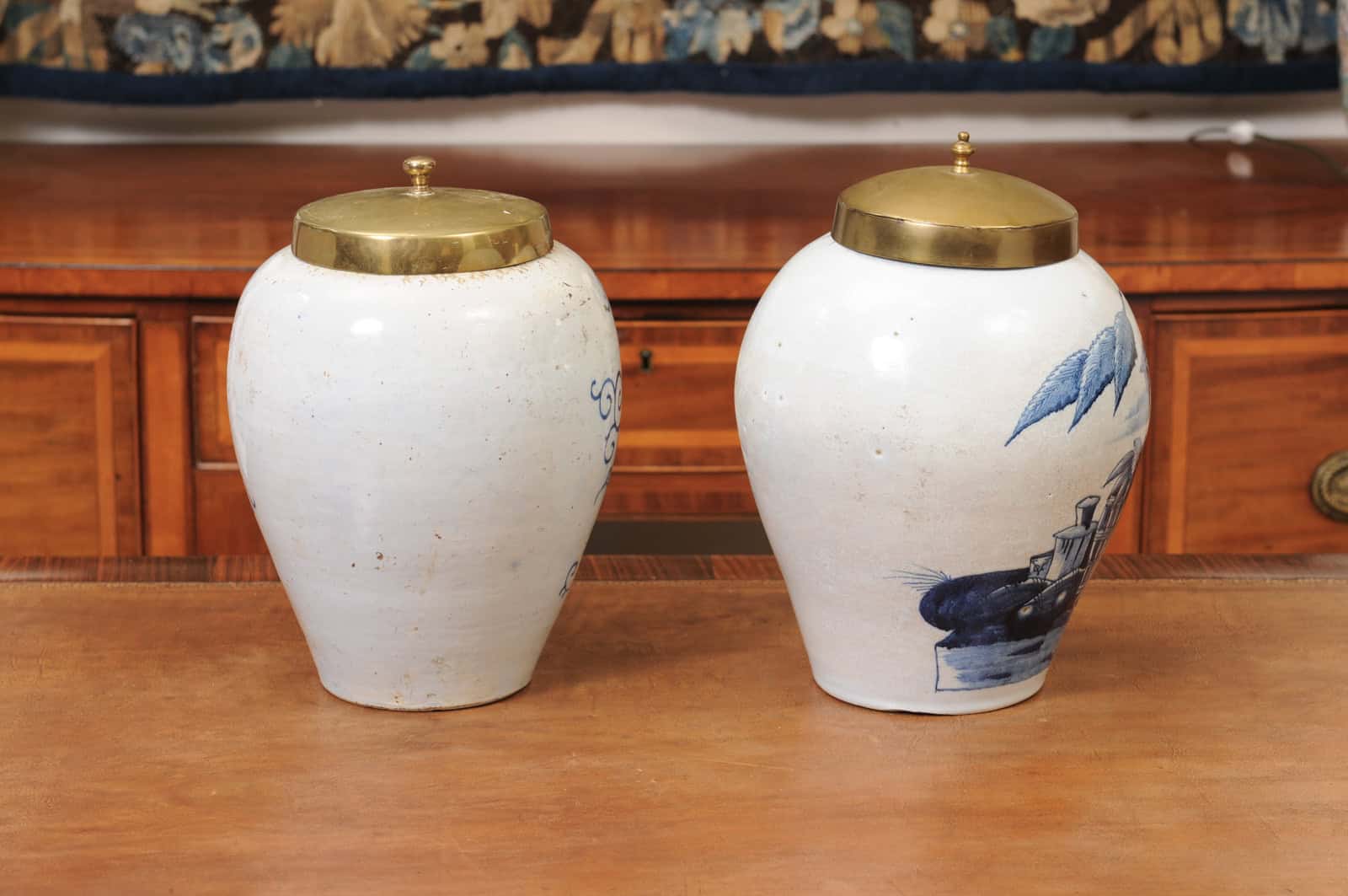 Set of 2 18th Century Dutch Blue & White Tobacco Jars. 1 with hairline crack to secure. - Image 8