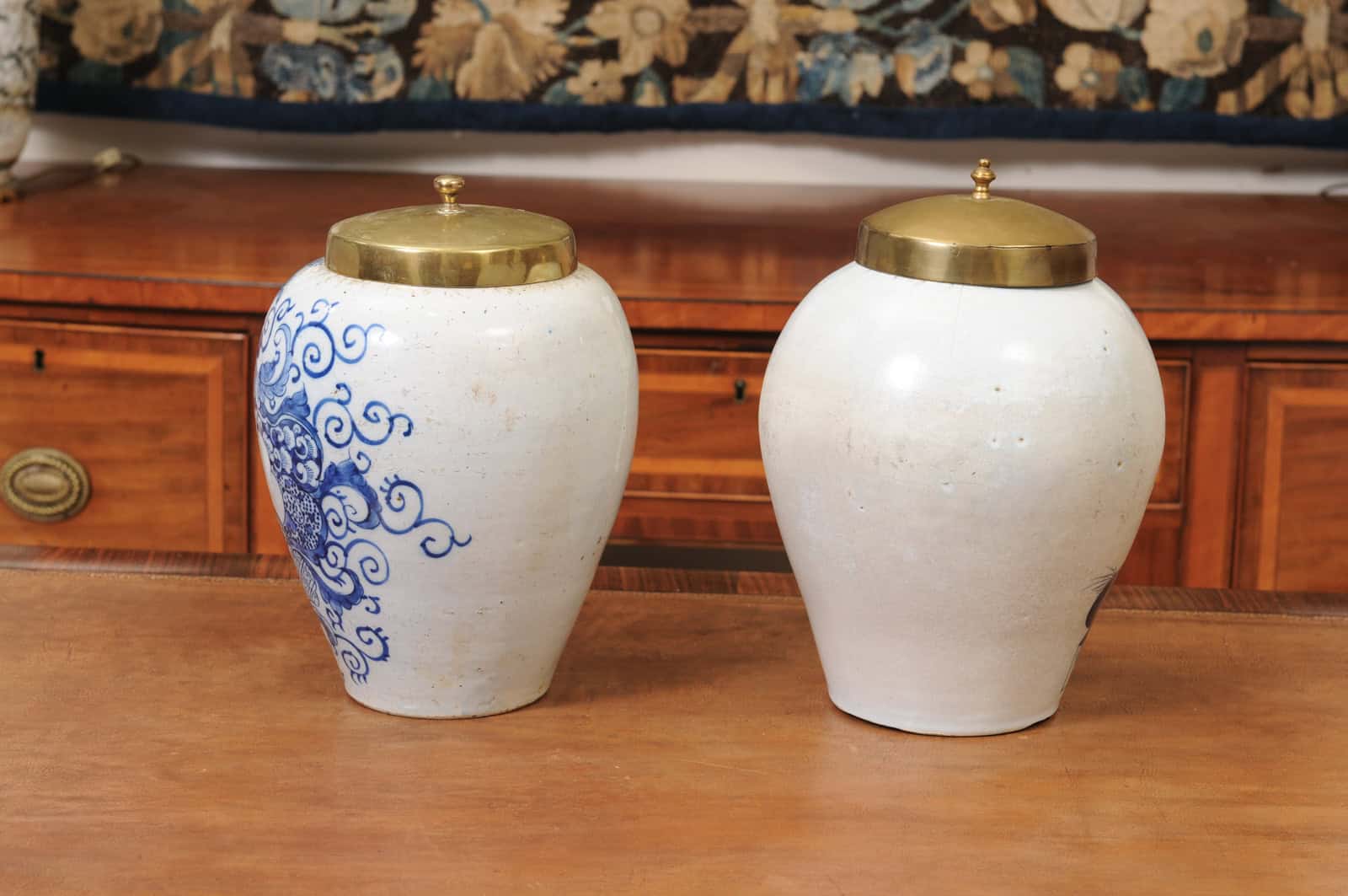 Set of 2 18th Century Dutch Blue & White Tobacco Jars. 1 with hairline crack to secure. - Image 9