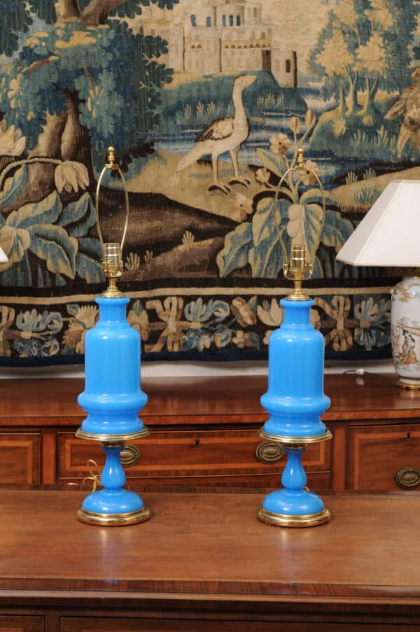 Pair of Large French Opaline Blue Lamps, 20th Century - Image 3