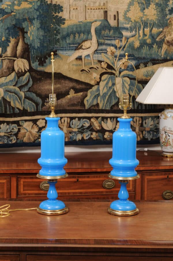 Pair of Large French Opaline Blue Lamps, 20th Century - Image 7