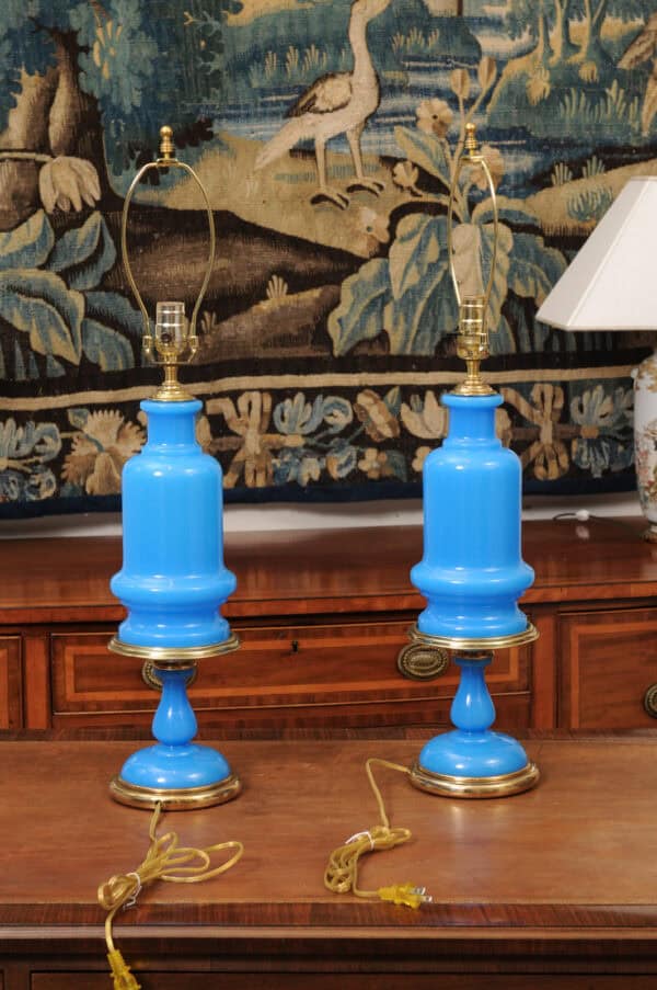 Pair of Large French Opaline Blue Lamps, 20th Century - Image 8