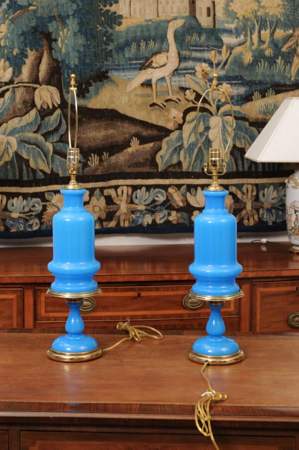 Pair of Large French Opaline Blue Lamps, 20th Century - Image 9