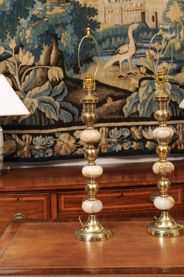 Pair of Tall Onyx and Brass Bobbin Lamps - Image 5